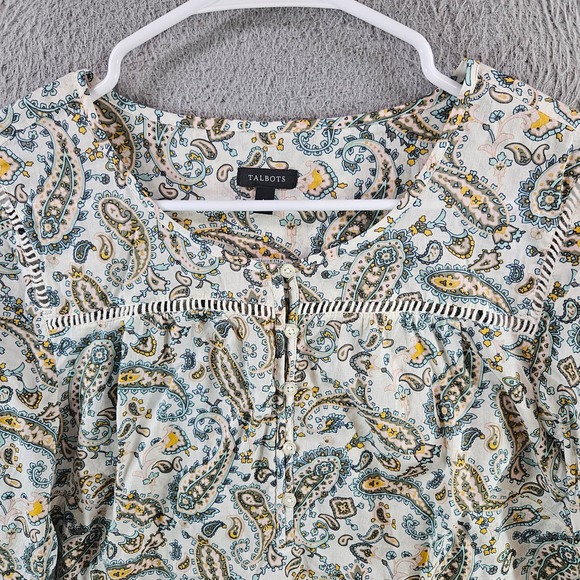 Talbots Womens Large Paisley Blouse Blue Yellow Split Neck Long Sleeve Top - Picture 3 of 9